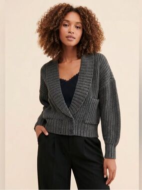 Anthropologie Deep V Chunky Knit Cardigan M Gray Oversized Wool Blend Cozy